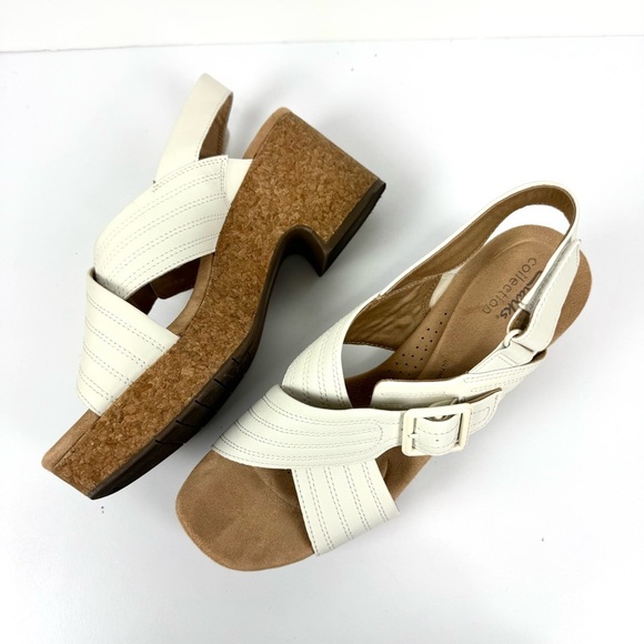 Clarks Collection Ivory Nerisa West Buckle Cork Wedge Sandals Sz 10 Comfort Shoe - Picture 4 of 9